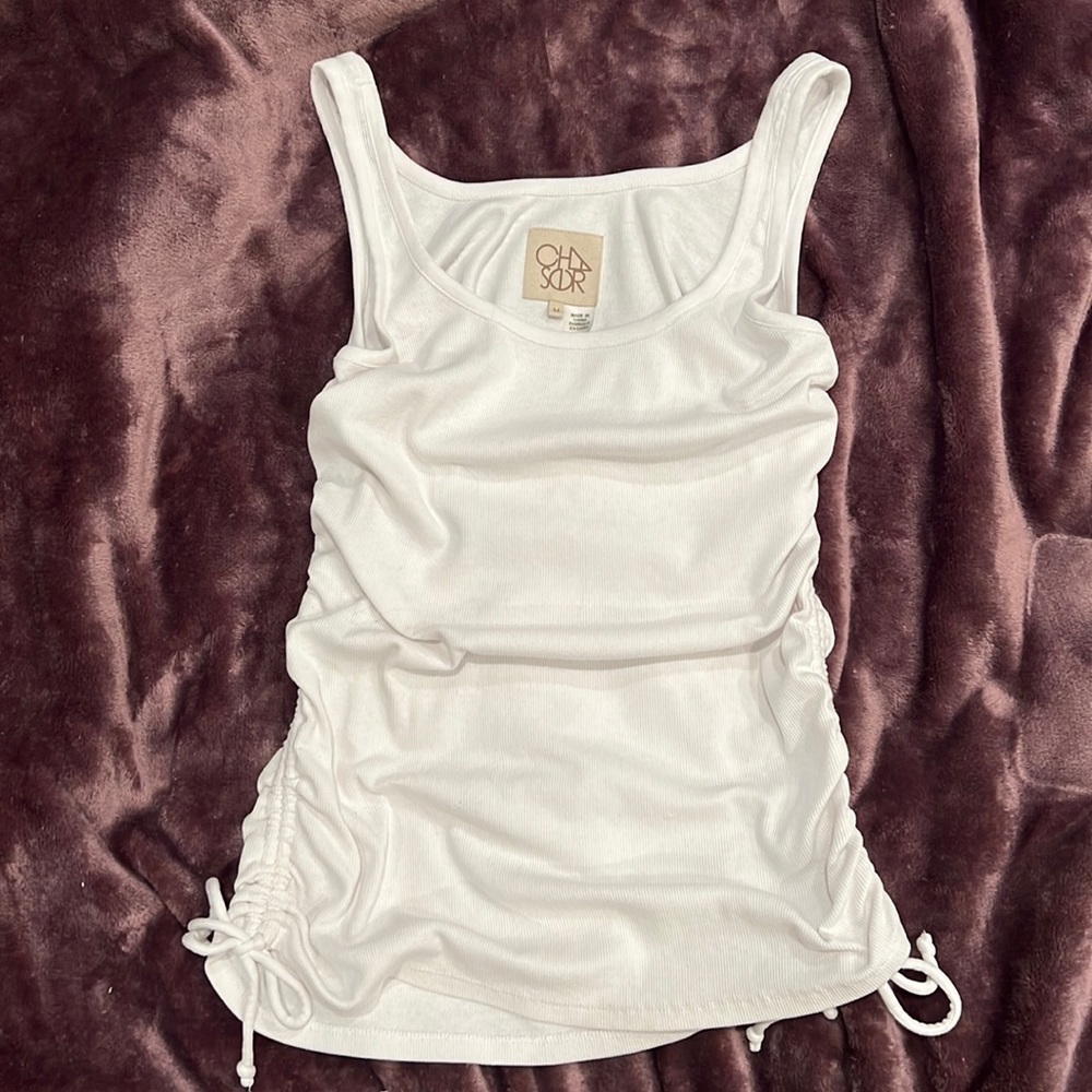 CHASER white tank top with ruched/ tie detail size medium / white